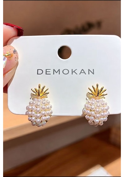 Kadın Küpe 14k Gold Renk İncili Ananas Premium Minimal Kararmaz Küpe Altın