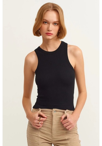 Refox Kadın Siyah Fitilli T-shirt Halter Yaka Örme Atlet , Sporcu Atlet