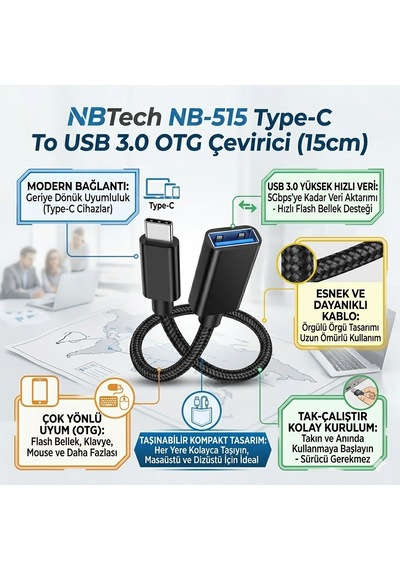 Nbtech Nb-515 Type-c To Usb 3.0 Otg Çevirici Adaptör 15cm Erkek-dişi