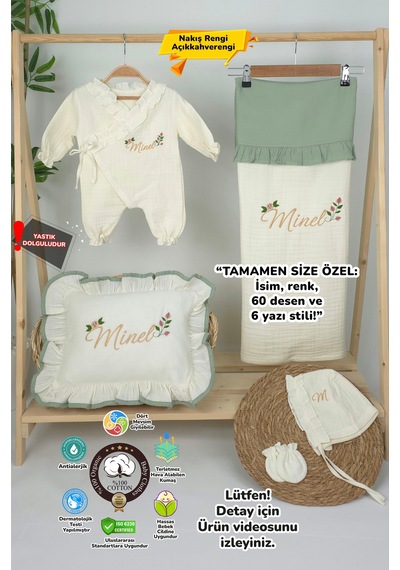 Gros Shop Müslin Yeni Doğan 4katlı Organik %100pamuk Kişiye Özgü Nakışlı Hastane Çıkış Seti Güllü Model-4 Ekru-1