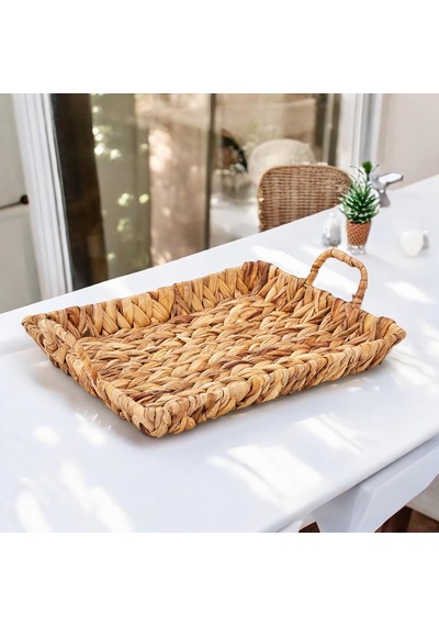 El Yapımı Su Sümbülü Hasır Kulplu Dekoratif Tepsi Büyük Boy 32cm 25cm 4cm