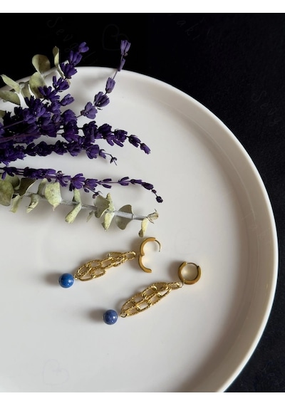 Lapis Lazuli Doğal Taşlı Gold Çelik Küpe Sevgili Takı Koleksiyonu Gold