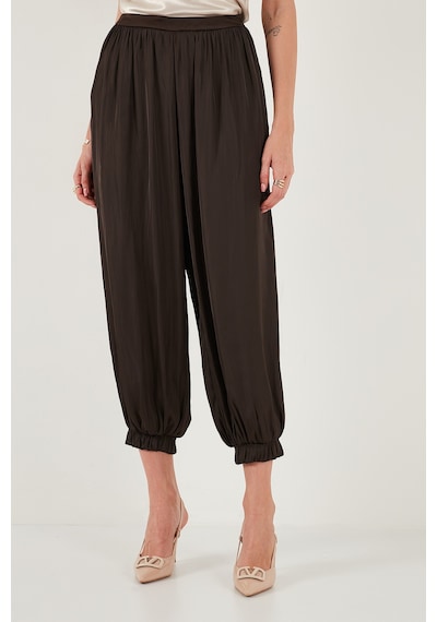 Lela Comfort Fit Yüksek Bel Lastikli Paça Saten Bayan Pantolon 68351217 Kahve