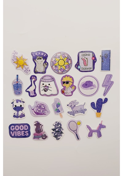 Mor Renk Temalı Hologram Stickerlar 21 Adet Sticker Paketi Suya Dayanıklı Laptop Termos Telefon Etiket Seti