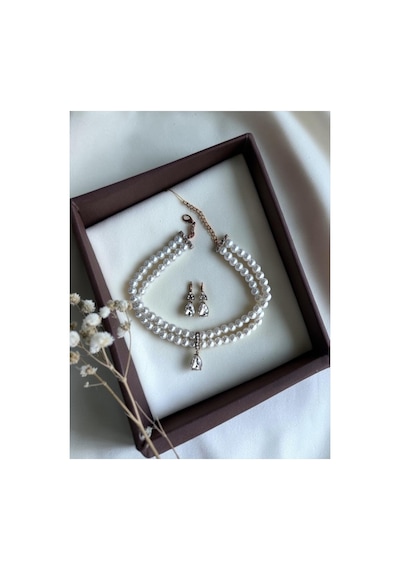 Zirkon Taşlı Su Damlası Sallantılı Tasma Choker İnci Kolye Ve Küpe Seti Düğün Nikah Kına Beyaz