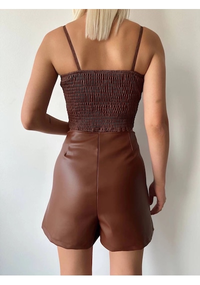 Defymoda Çift Fermuarlı Deri Şort Kahve H24394 Kahve
