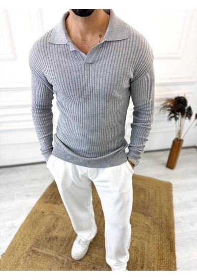 Elku Moda Kazak Slim Fit Polo Yaka Fitilli Yumuşak Dokulu Tüylenmez Sweatshirt Gri