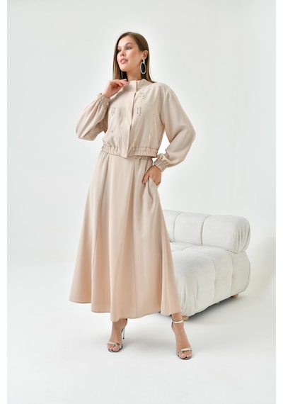 Ftz Women Kadın Simli Crep Etekli Takım Beige 30839-beige Bej