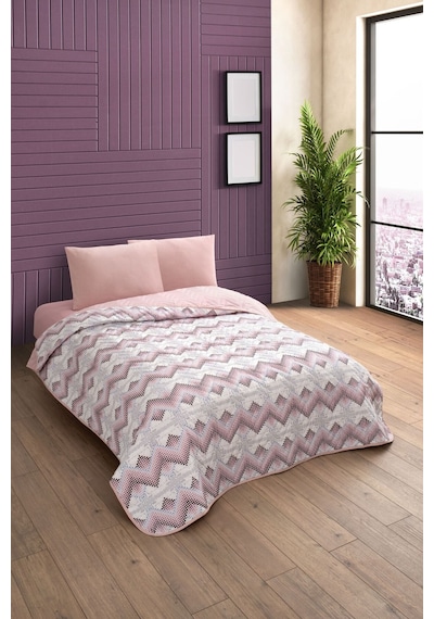 Çift Kişilik Desenli Kapitone Çift Taraflı Renkli Pike Yatak Örtüsü Takımı 200x230 Cm Çarşafsız Pudra