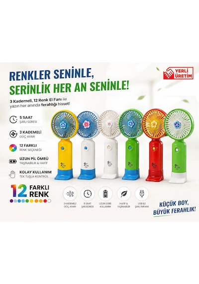 Ten,3 Kademeli Şarjlı Mini El Fanı 12 Renk Seçenekli 5 Saat Kullanım Taşınabilir Masaüstü Fanı Set2