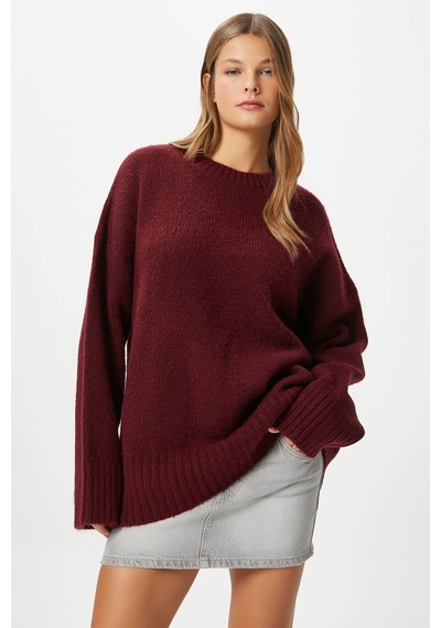 Ritnice Kadın Homy Yumuşacık Bisiklet Yaka Bordo Oversize Triko Kazak Bordo