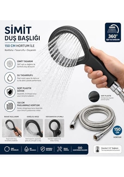 Simit Duş Başlığı Sert Plastik, 150 Cm Paslanmaz Çelik Hortumlu El Duşu, Yüksek Basınçlı Su Tasarruflu Duş Seti, Ergonomik Tutma Saplı Banyo Duş Başlığı