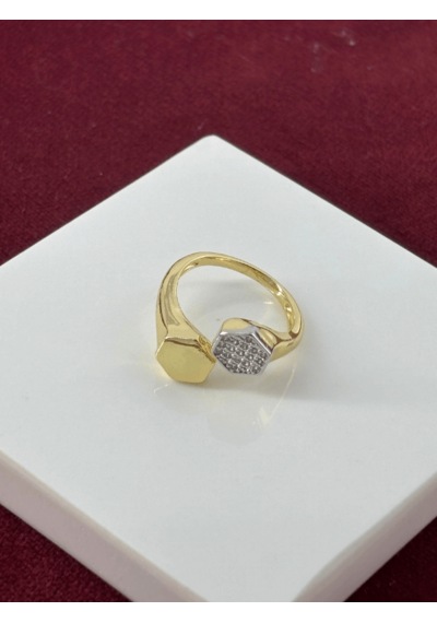 Silver Taşlı Bal Peteği Detaylı Gold Yüzük Gold