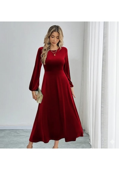 Meleners Kadın Uzun Kollu Bisiklet Yaka Midi Kadife Elbise Bordo