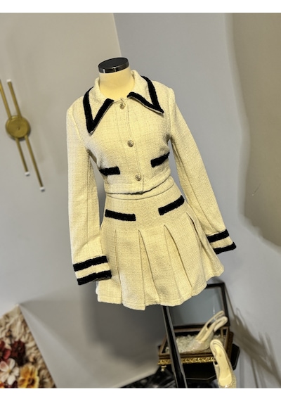 Maison Meda Gold Touch Tweed Set Kışlık Lüks Şık Ceket & Etek Takım Bej