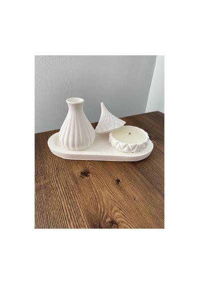 Vazo Minimalist Tasarım Düz Standlı Beyaz Vazo Ve Kapaklı Mum Seti El Yapımı Beyaz
