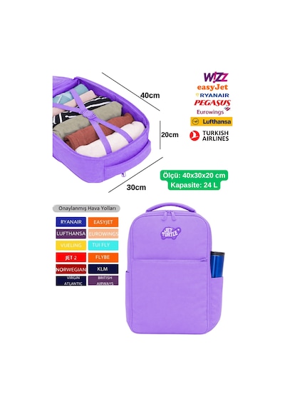 Jet Turtle Seyahat Sırt Çantası 40cm 40x25x15 Cm Pegasus, Wizz Air, Ryanair, El Valizi Koltuk Altı Valizi Lila