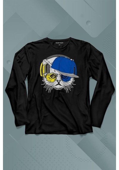 Cat Glasses Gözlüklü Sarı Lacivert Fenerbahçe Kedi Uzun Kollu Tişört Baskılı Çocuk T-shirt 001