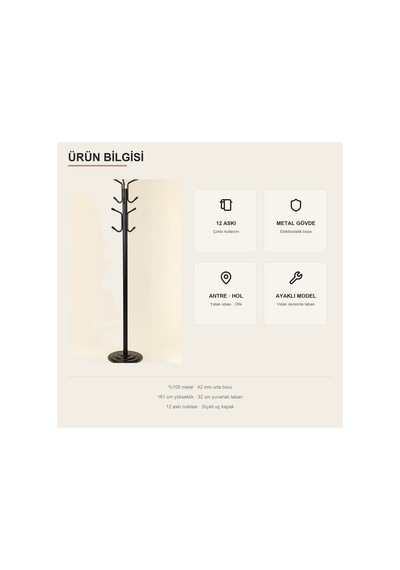 Viona 12 Askılı Metal Ayaklı Portmanto Siyah 161 Cm