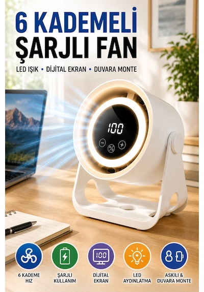 6 Kademeli Şarjlı Masaüstü Fan Dijital Ekranlı Led Işıklı Duvara Monte Askılı Mini Fan K6 Model
