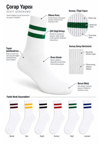 Worthy Socks 6'li Çizgili Unisex Pamuklu Tenis Kolej Çorap Beyaz