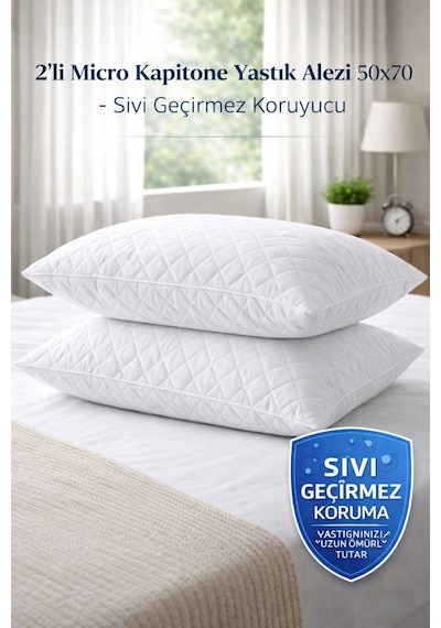 2 Li 50x70 Yastık Alezi Micro Kapitone, Sıvı Geçirmez & Koruyucu Beyaz