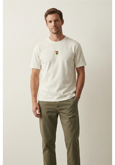 Elemge Pamuk Compact Penye Süprem Ekru Avakado Nakışlı Trend Fit Erkek Tok Kumaş T-shirt Rahat Kesim 2XL