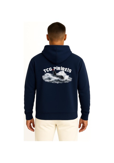 Bahriyeli Collection Kapüşonlu Tcg Pirireis Dalgalar Arası Cep Ve Sırt Baskılı Unisex Sweatshirt Lacivert