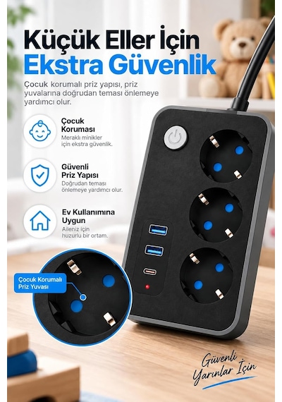 Tr Blic 3'lü Termal Akım Korumalı Uzatma Prizi 2 Metre Kablolu, 2 Usb + 1 Type-c Hızlı Şarj, Çocuk Korumalı, 0