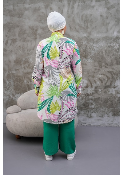 Polologin Butik Renkli Yaprak Desenli Hakim Yaka Tunik Yeşil Pembe Beyaz