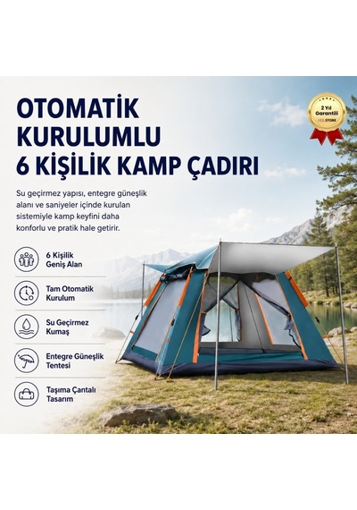 Otomatik Kurulumlu, Su Geçirmez & Güneşlikli 6 Kişilik Kamp Çadırı-1611 Açık Mavi