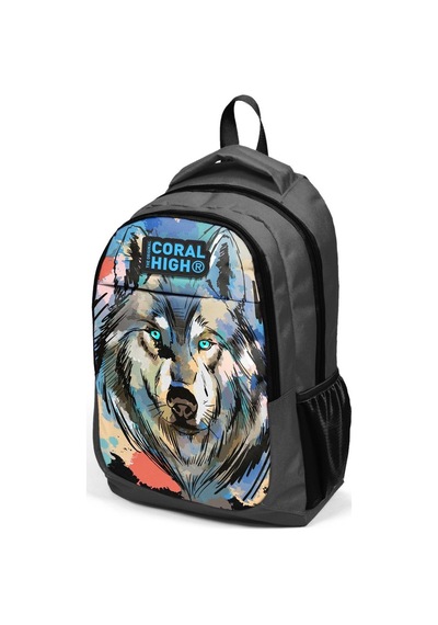 Coral High Kids Gri Siyah Kurt Desenli Üç Bölmeli Okul Sırt Çantası 14404