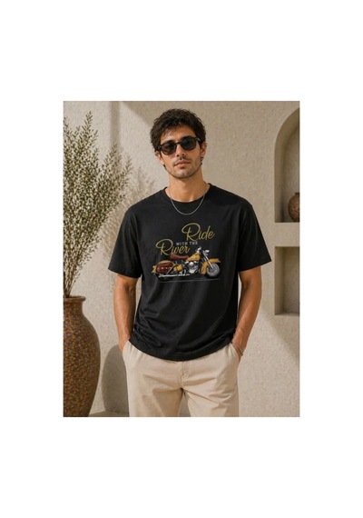 Butik İstanbul Erkek Motosiklet Baskılı Tişört Bisiklet Yaka Kısa Kol Yazlık T-shirt - Siyah