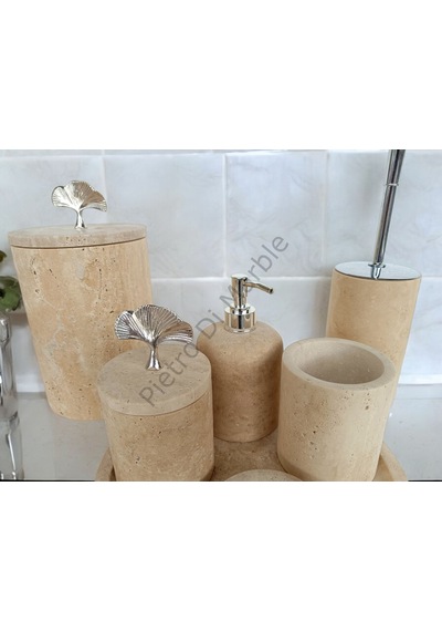 Sarı Traverten Klasik Model 7 Parça Gümüş Renk Japon Gülü Aksesuarlı Banyo Seti Sarı Traverten
