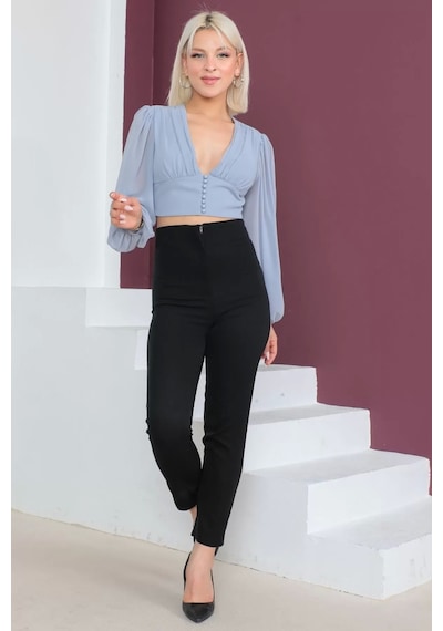 Lodmela Şifon Crop Bluz 1766 Gri