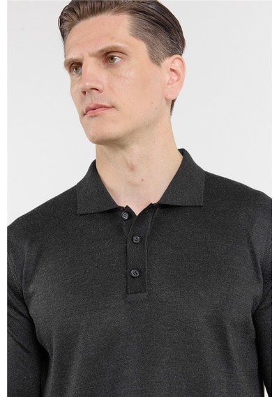 İmza Antrasit Polo Yaka Cepsiz Comfort Fit Classic Pamuklu Triko Kazak 1012255155