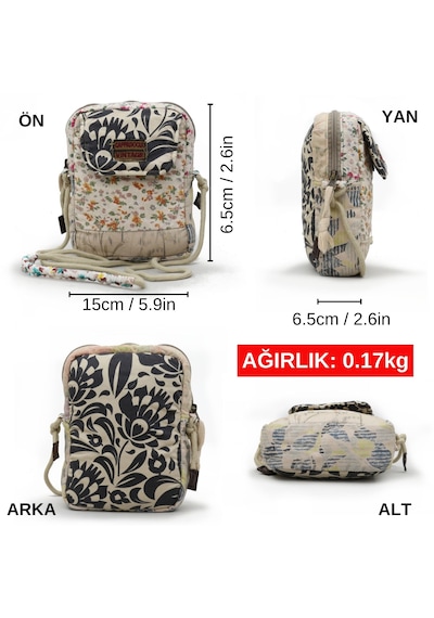 Cappadocia Vintage Kadın Çiçek Desenli Omuz Çantası - Bohem Tarz Mini El Ve Telefon Çantası Ekru