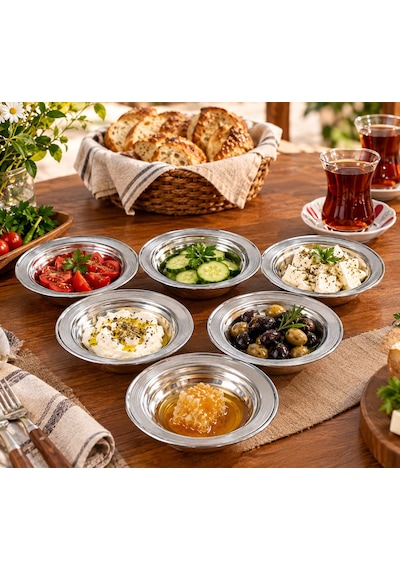 6 Lı 430 Kalite Krom Çelik Çay Tabağı Ve Kahvaltılık Kase Seti 10 Cm Gümüş