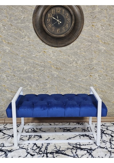 Zafir Beyaz Boyalı Metal 80 Cm Puf Bench - Antre Puf - Hol Bench - Puf - Oturak - Bench Mavi