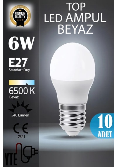 10 Adet Kaliteli Beyaz 6w Top Led Ampul E27 Duy
