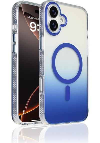 Techaks Apple Uyumlu iPhone 16 Plus Kılıf M-safe Şarj Özellikli Transparan Renk Geçişli Tchs Toros Kapak - Mavi Mavi