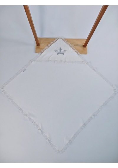 Ekru %100 Pamuklu Erkek Bebek Battaniyesi Nakışlı Dantelli Puset Örtüsü Hediyelik Yenidoğan 85x85cm Ekru