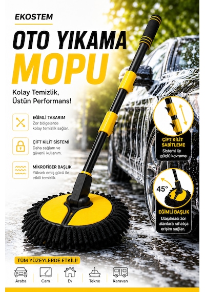 Araba Yıkama Fırçası Oto Yıkama Mop Mikrofiber Bezli Teleskopik Saplı