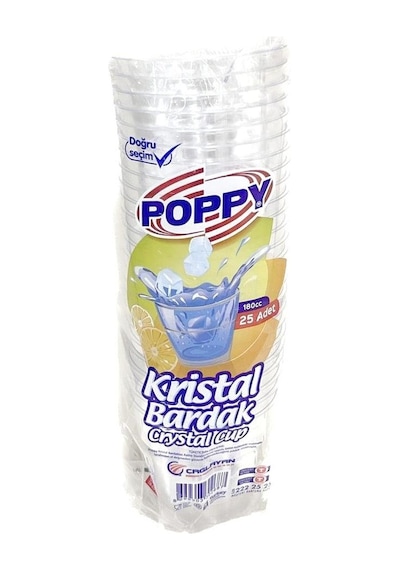 Poppy Şeffaf Plastik Kristal Bardak - 180 Cc. - 180 Ml. - 25 Adetlik 5 Paket