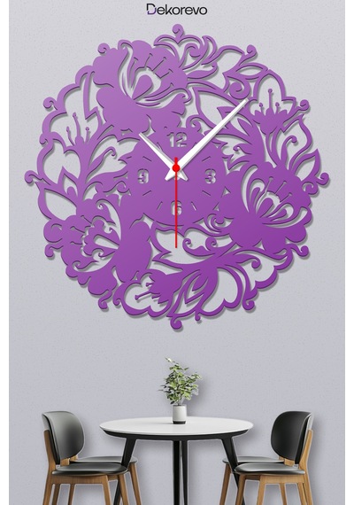 Çiçek Desenli Dekoratif Metal Duvar Saati - Mor - 30 X 30 Cm
