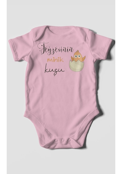 Teyzesinin Minik Kuşu Baskılı Bebek Zıbını Çıtçıtlı Body %100 Pamuk Kısa Kol Koyu Pembe
