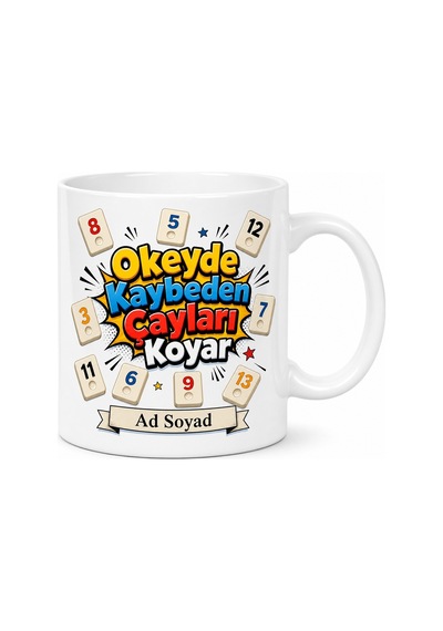 Okey Temalı Komik Baskılı Kupa Bardak Hediye Eğlenceli Oyun Kupası Beyaz / Çok Renkli