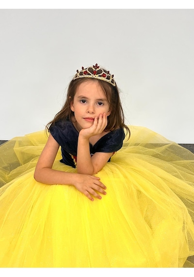 Butikhappykids Pamuk Prenses Kostümü Kasnaklı Düşük Omuz Detaylı Prenses Elbise 3-8 Yaş Taç Hediyeli Sarı