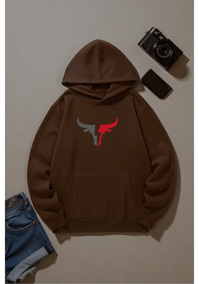 Uyguntarz Boğa Tasarım Baskılı Unisex Oversize Sweatshirt Kahverengi