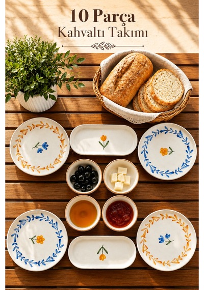 10 Parça 4 Kişilik Vivia Stoneware Kahvaltı Takımı - Özel Desenli Kahvaltılık Servis Sunum Seti Çok Renkli